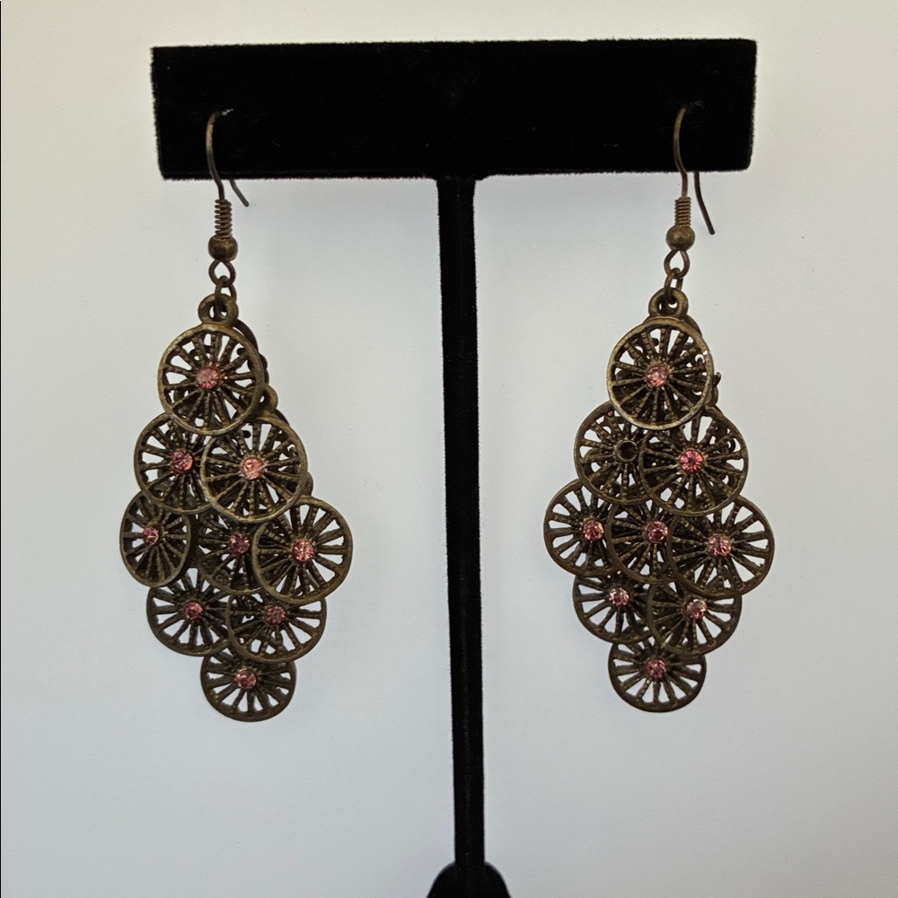 Cosmetic Pink Gem Wheel Chandelier Earrings